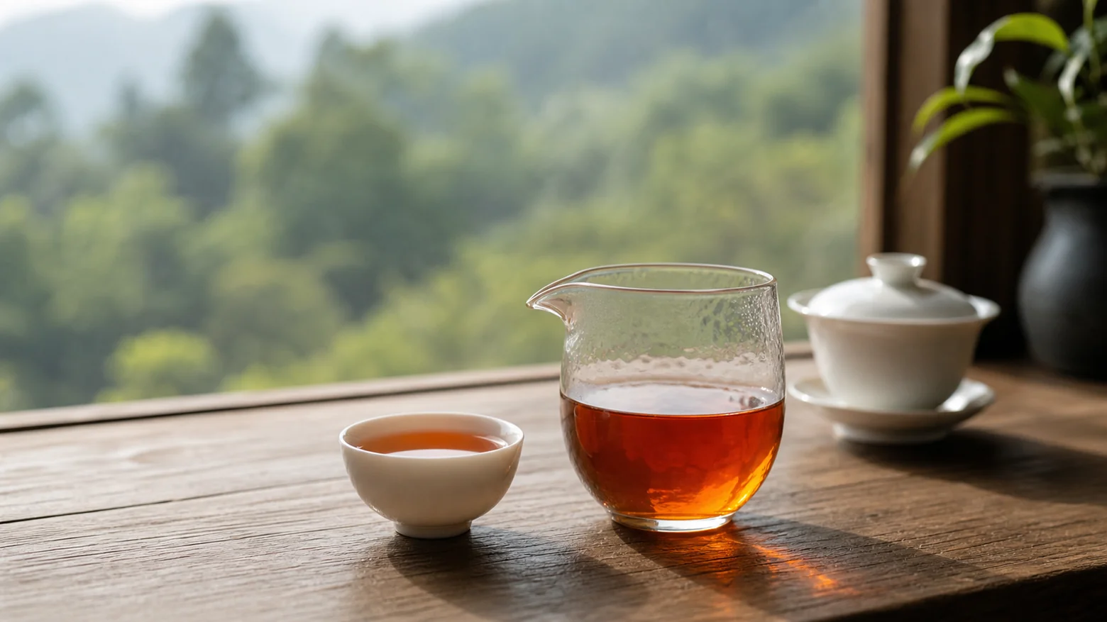 窗边茶席上一杯清亮橙红色红茶茶汤