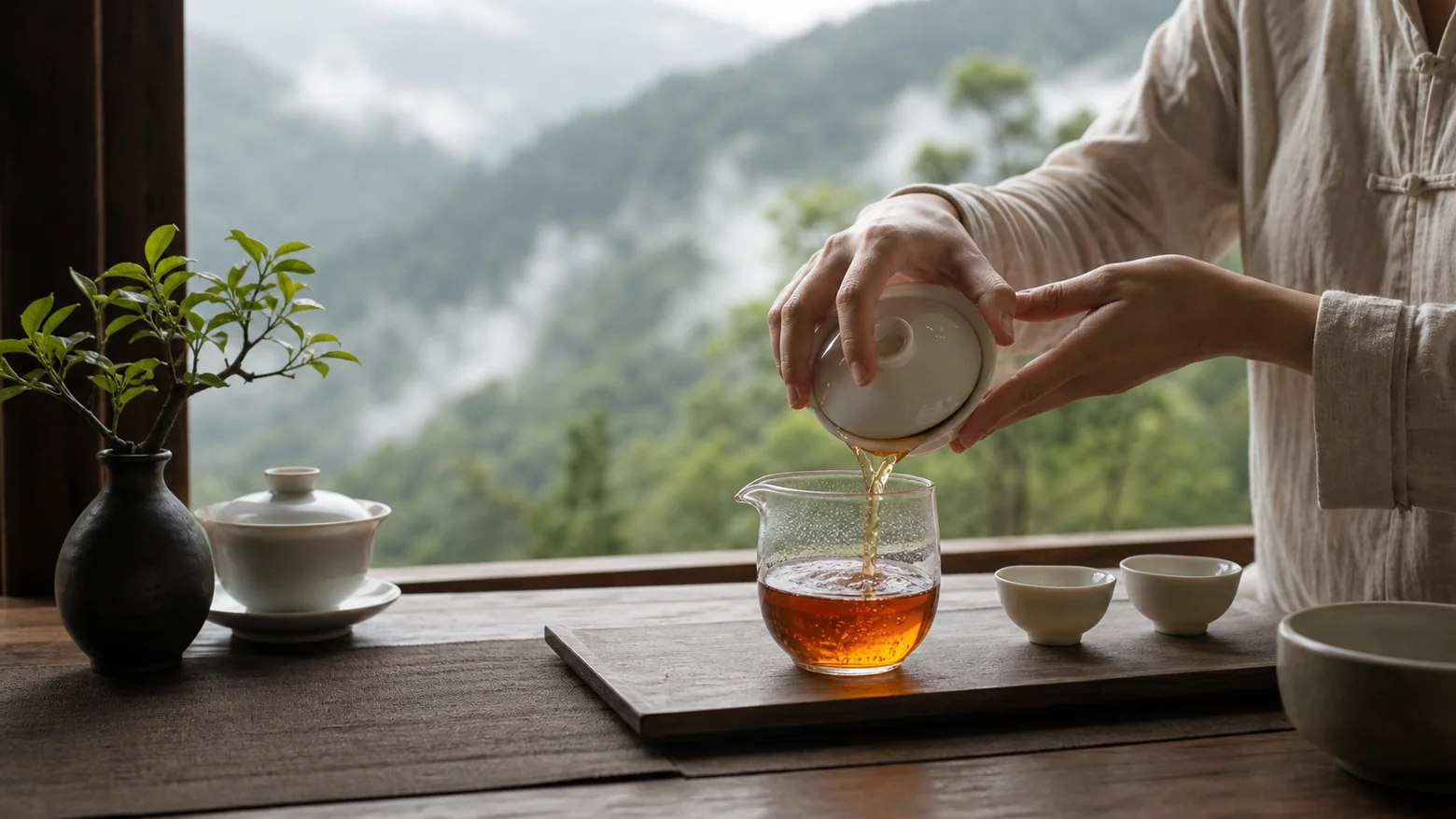 安静茶席上用盖碗向公道杯出红茶茶汤