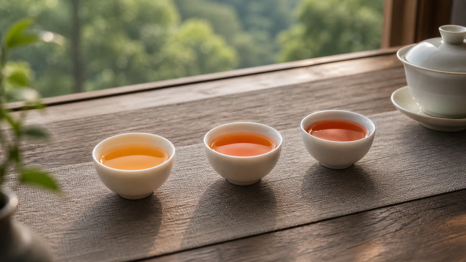 茶席上不同深浅的红茶茶汤
