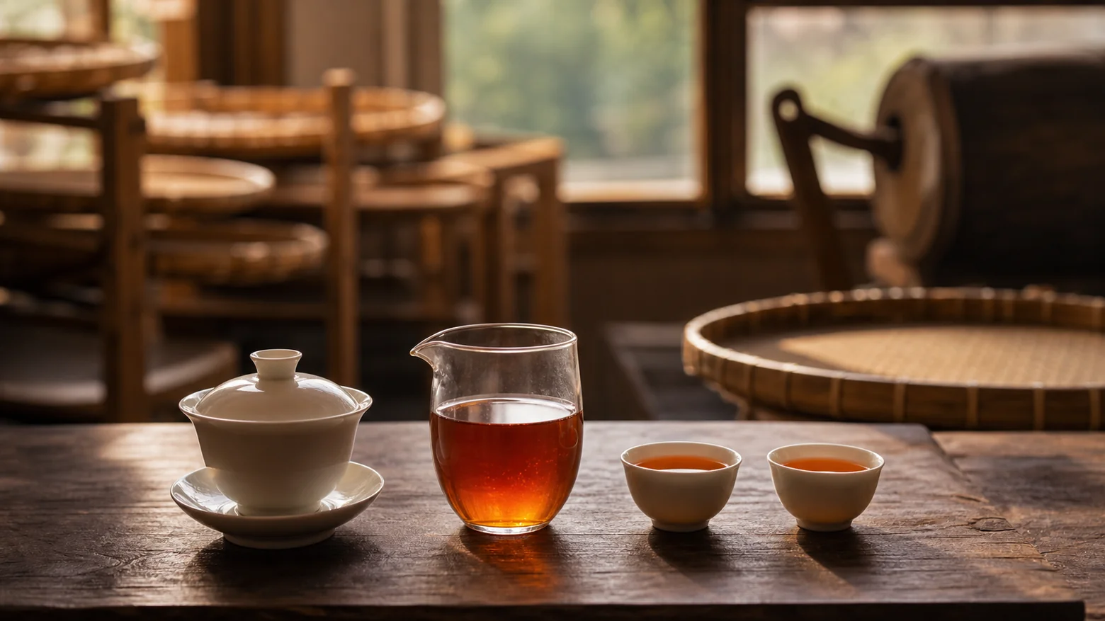 温暖自然光下的红茶工艺茶席