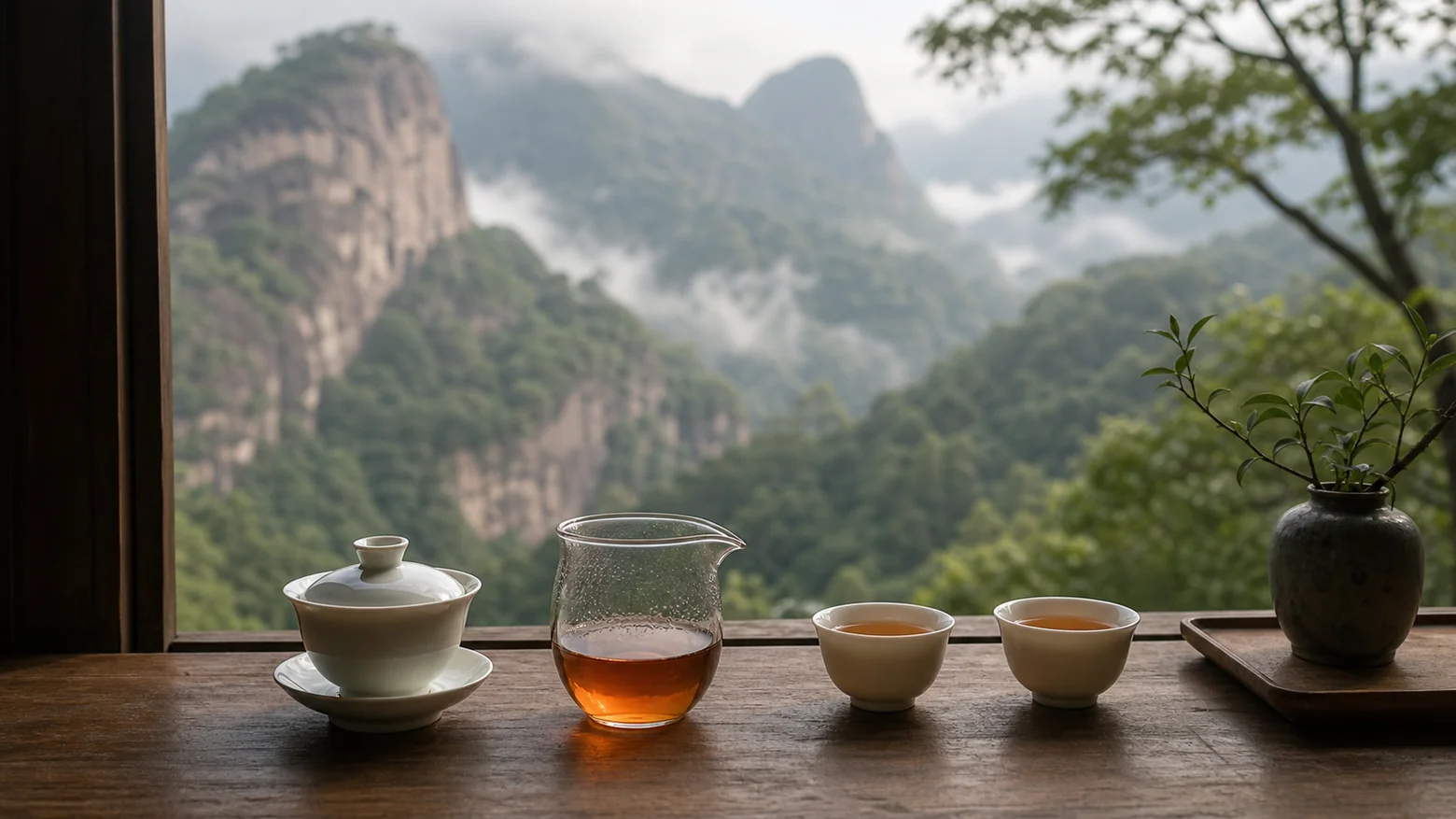 武夷山湿润山场中的红茶茶席