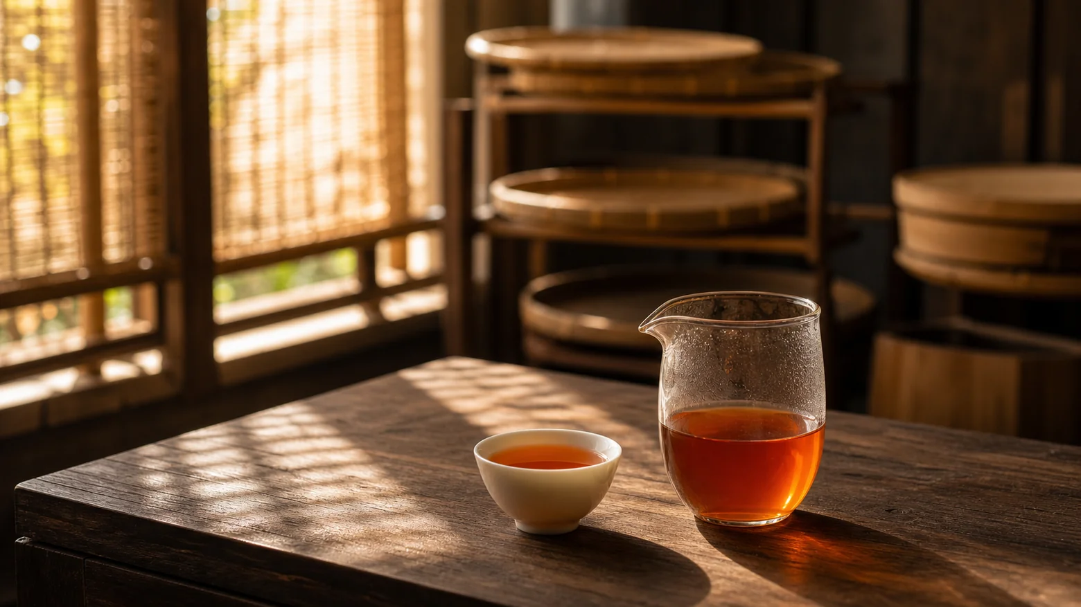 木窗自然光下的红茶工艺空间和茶汤